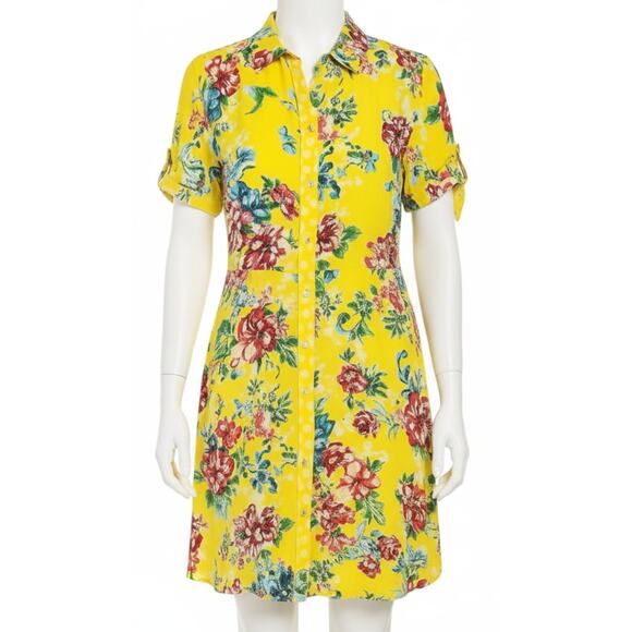 Y2K ECI New York Shirt Dress Size 4 Yellow Floral Button Up Short Sleeve NO BELT - Picture 1 of 7